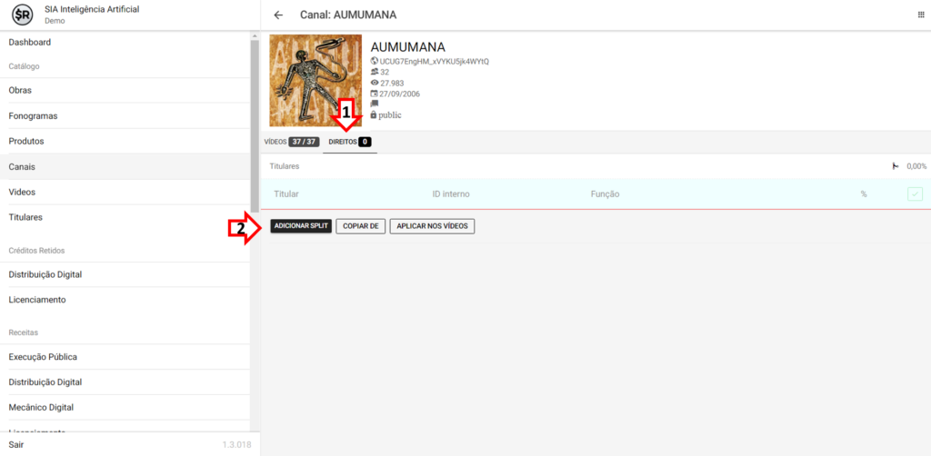 SMART RIGHTS - Como cadastrar os percentuais de contrato de um canal - 02 - Adicionar Split