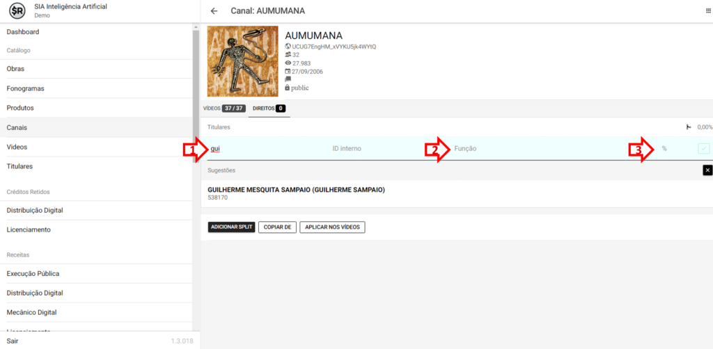 SMART RIGHTS - Como cadastrar os percentuais de contrato de um canal - 03 - Insira os titulares